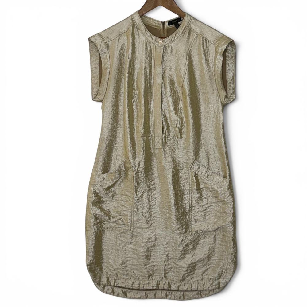 J. Crew Dress 6 Gold‎ Lame Metallic Textured Hidden Button Front Pockets Event